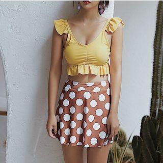 Set: Ruffled Bikini Top + Polka Dot Swim Skirt