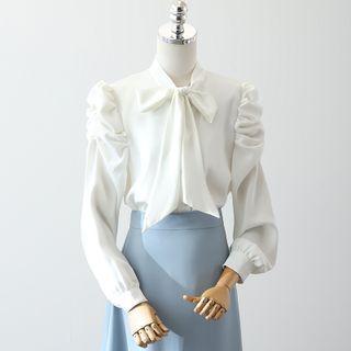 Tie Neck Blouse / Asymmetrical Midi A-line Skirt