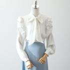 Tie Neck Blouse / Asymmetrical Midi A-line Skirt