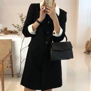 Contrast Trim 3/4-sleeve Collared Dress Black - One Size