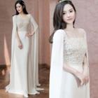 Slit-sleeve Square Neck Lace Panel A-line Evening Gown