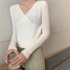 Plain V-neck Long-sleeve Slim-fit Light Sweater