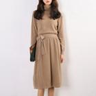 Turtle-neck Long-sleeve Knit Dress With Tie