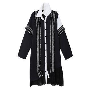 Color Block Long-sleeve Shirt Dress Black - One Size