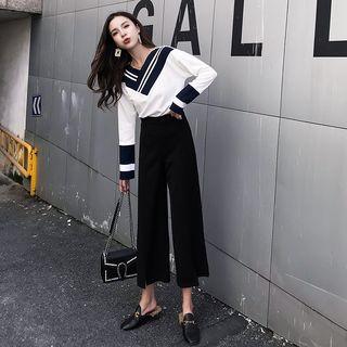 Set: V-neck Striped Top + Wide-leg Pants