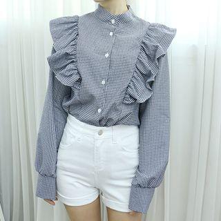 Mandarin-collar Ruffle-trim Check Blouse