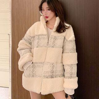 Plaid Panel Zip Coat Off-white - One Size
