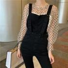 Plain Slim-fit Boot-cut Jumper Pants / Set: Dot See-through Top + Camisole Top