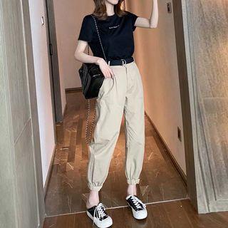 Set: Short-sleeve Lettering T-shirt + Harem Cropped Pants