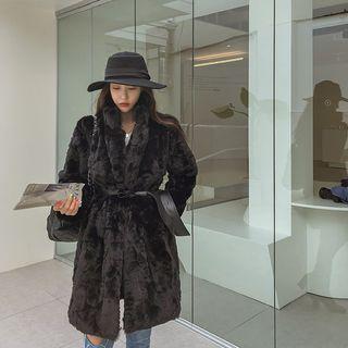 Set: Faux-fur Coat + Pleather Sash Belt Coat - Black - One Size / Belt - Black - One Size