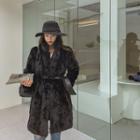 Set: Faux-fur Coat + Pleather Sash Belt Coat - Black - One Size / Belt - Black - One Size