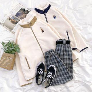 Long-sleeve Bear Embroidered Fleece Jacket