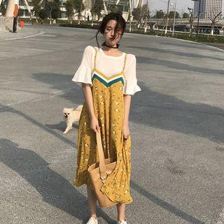 Set: Frilled Short-sleeve Top + Spaghetti Strap Chiffon Dress