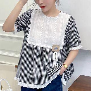 Short-sleeve Lace Panel Plaid Blouse