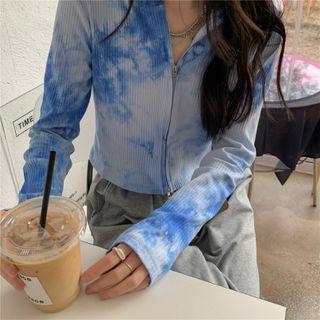 Tie-dye Cropped Hooded Zip Jacket Blue & White - One Size
