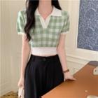 Short-sleeve Collar Gingham Knit Crop Top