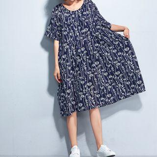 Floral Patterned Elbow Sleeve Midi Dress