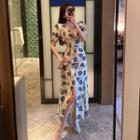 Puff-sleeve V-neck Floral Print Slit Dress
