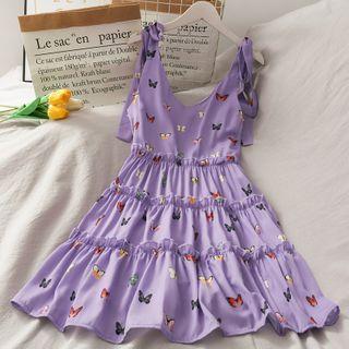 Butterfly-print Ruffled Sleeveless Mini Dress