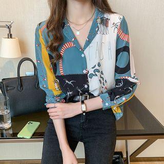Color Block Printed Long-sleeve Blouse