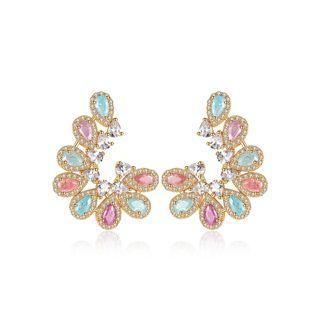 Elegant And Fashion Plated Gold Geometric Crescent Earrings With Colorful Cubic Zirconia Golden - One Size