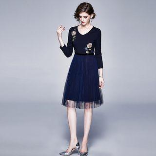Flower Embroidered Long-sleeve Mesh Overlay A-line Dress