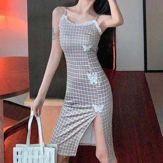 Plaid Spaghetti-strap Slit Midi Sheath Dress