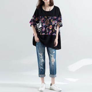 Short-sleeve Panel Loose-fit Top As Shown In Figure - One Size