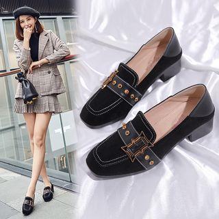 Faux Suede Studded Belt Block Heel Loafers