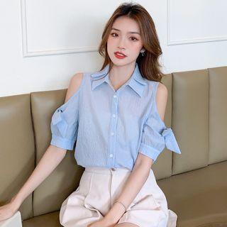 Short-sleeve Plain Cutaway-shoulder Shirt