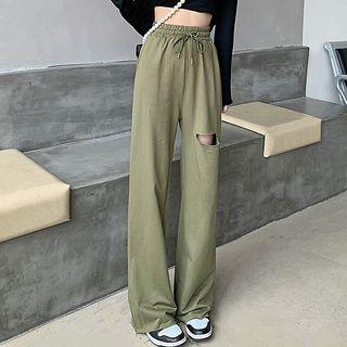 Ripped High-waist Long Pants