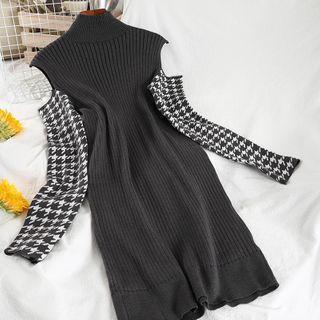 Cold-shoulder Houndstooth Panel Knit Mini Dress Gray - One Size