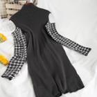 Cold-shoulder Houndstooth Panel Knit Mini Dress Gray - One Size