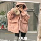 Plain Furry Loose-fit Hooded Jacket / Color-block Leggings
