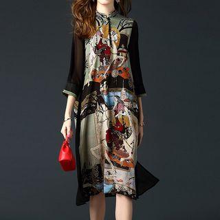 Mandarin Collar Printed Midi Dress