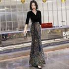 3/4-sleeve Sequined Sheath Evening Gown