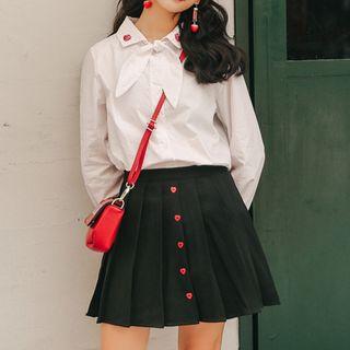 Long-sleeve Tie-neck Shirt / Mini A-line Skirt / Set