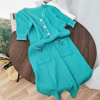 Contrast Trim Short-sleeve Knit Sheath Dress Green - One Size