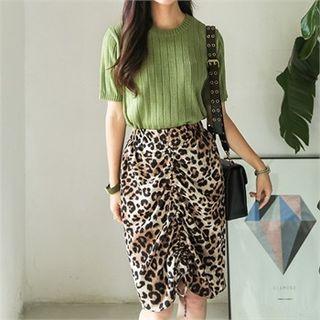 Drawstring-front Leopard Skirt