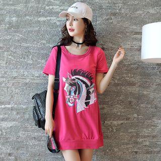 Horse Embroidered Short Sleeve T-shirt Dress