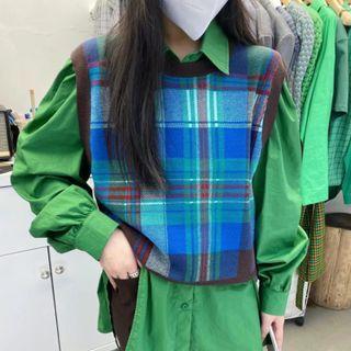 Plaid Sweater Vest Vest - Coffee & Blue & Green - One Size