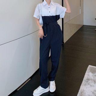 Short-sleeve Striped Panel Jumpsuit
