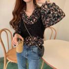 Long-sleeve Floral Print Shirt / Spaghetti Strap Knit Top