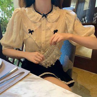 Puff-sleeve Blouse / Lace Trim Mini A-line Skirt