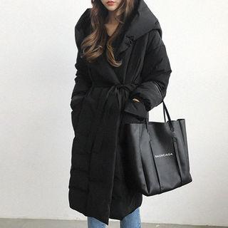 Hooded Wide-lapel Duck-down Puffer Wrap Coat