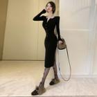 Button-front Cutaway-hem Dress