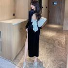 Long-sleeve Velvet Side-slit Dress