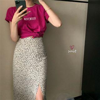 Short-sleeve Lettering T-shirt / High-waist Split Animal Printed Maxi Skirt