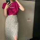 Short-sleeve Lettering T-shirt / High-waist Split Animal Printed Maxi Skirt