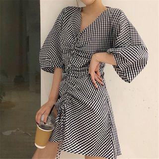 Gingham V-neck 3/4-sleeve A-line Dress